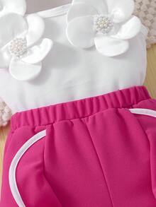Girls' Sweet Design Set, Spring/Summer, 3D Flower Pearl Decor Sleeveless Top + Contrast Ruffle Hem Shorts, 2pcs Set, Casual, Party 7th Birthday - Hot Pink - View 9