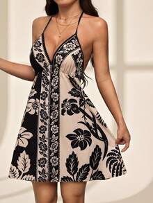 SHEIN PETITE Women's Vacation Sexy Contrast Color Splicing Floral Print Open Back Halter Dress,Summer Dresses For Women - Black and White - View 8