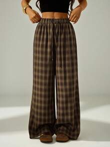 SHEIN PETITE Women's Brown Baggy Plaid Minimalist Casual Pants - Multicolor - View 12