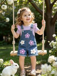 SHEIN Vintaside Kids 2pcs/Set Baby Girls' Summer Cute Blue Denim Bib Shorts Set,Floral Embroidery Pocket,Ribbed T-Shirt With Cap Flutter Sleeve,Casual Vacation Outfit - Purple - View 5