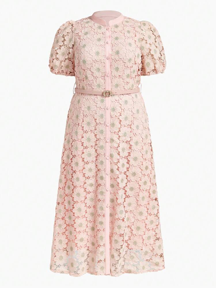 PLUS SIZE ELEGANT LACE FABRIC DRESS WITH GOLDEN FLOWER AND PEARL DECOR, CASUAL AND GRACEFUL