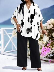 SHEIN Lady Plus Size Women V-Neck Brush Print Top And Wide Leg Pants Casual Casual 2 Pieces Set Holiday Outfit For Women Wear 2 Piece Set Plus Size Palazzo Pants Abstract Print Top Women Kaftan Top Vacation White With Black Dots Summer - Multicolor - View 1