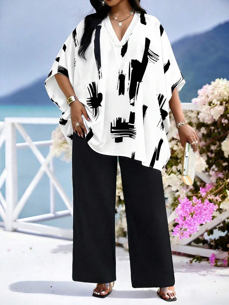 SHEIN Lady Plus Size Women V-Neck Brush Print Top And Wide Leg Pants Casual Casual 2 Pieces Set Holiday Outfit For Women Wear 2 Piece Set Plus Size Palazzo Pants Abstract Print Top Women Kaftan Top Vacation White With Black Dots Summer - Multicolor - View 1