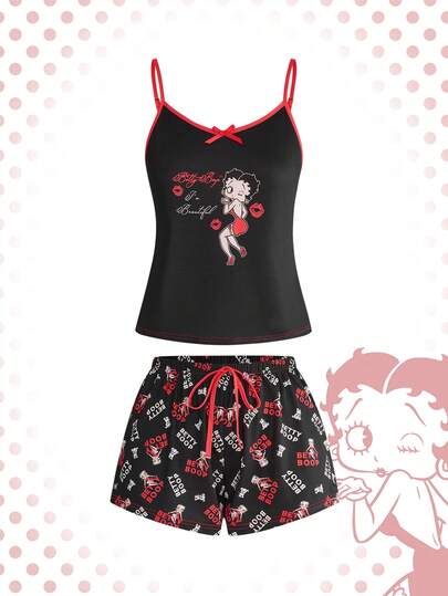 Betty Boop | ROMWE Cute Cartoon Print Camisole And Shorts Casual Pajama Set