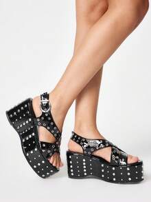 ROMWE Grunge Punk Ladies, Spike Buckles, Lame-Heeled Platform Sandals. Summer Shoes Y2K - Black - View 4