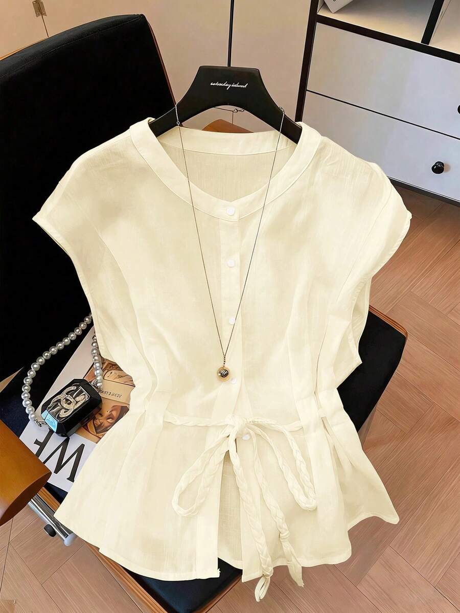 GlowEve 女款奶油白圓領繩結抽繩收腰上衣,優雅夏季辦公、正式派對、生日約會、旅行高質感上衣 - 杏色 - 查看 1