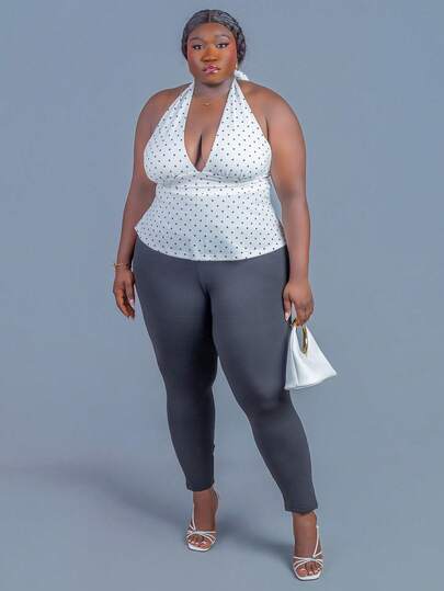 CurvyTilda 大码露背波点吊带衫，深V领褶皱A字型，复古Y2K露背波点吊带衫，娃娃款波点露背吊带上衣