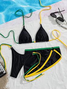 Swim SXY 夏秋新款，黑色搭配黄绿撞色设计，三件套比基尼套装，三角罩杯可拆卸加垫罩杯，性感十足，洋溢大胆的欧美风情，是度假海滩、泳装派对的完美之选 - 黑色 - 查看 6