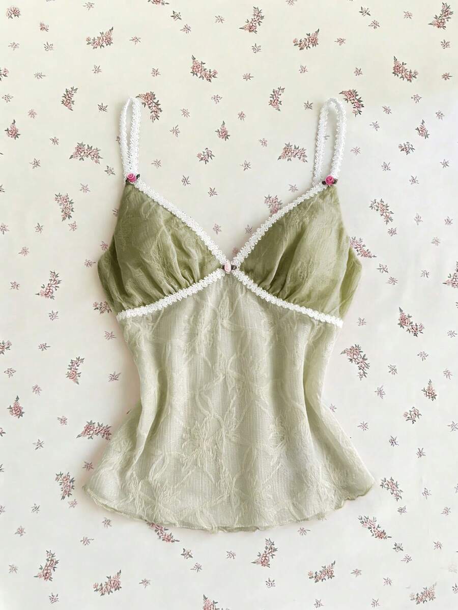 Flirla 夏季休闲度假女式粉色V领可爱纯性感编织蕾丝荷叶边3D花朵撞色蝴蝶结露背弹力细腰吊带背心 - 綠色 - 查看 1
