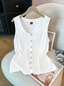 SHEIN CURVE+ Women's Fashionable Elegant Pearl Button Sleeveless Tank Top - White - View 3