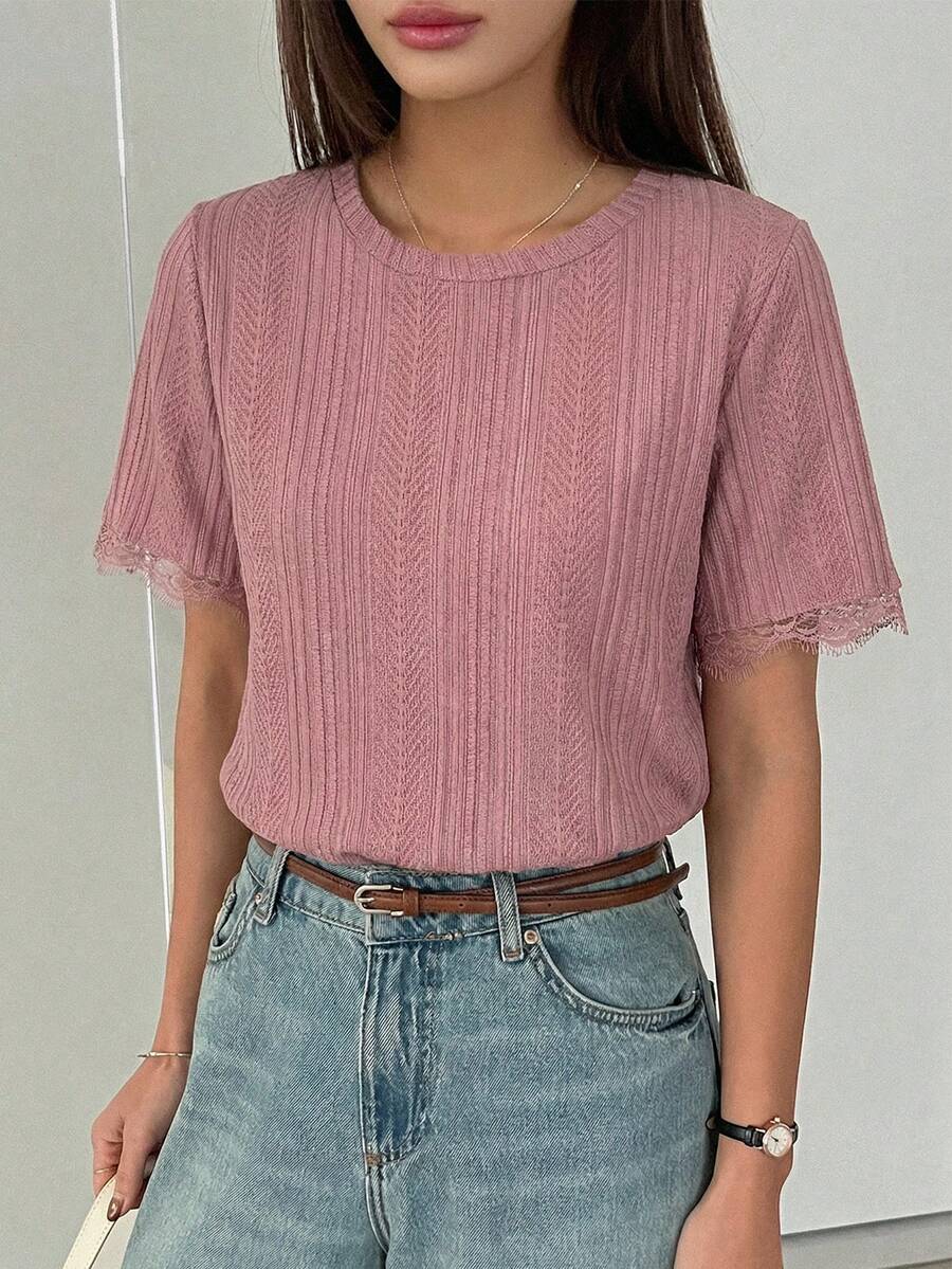 DAZY 女款夏季圓領短袖蕾絲拼接休閒套頭T恤商務休閒女裝 - 粉色 - 查看 1