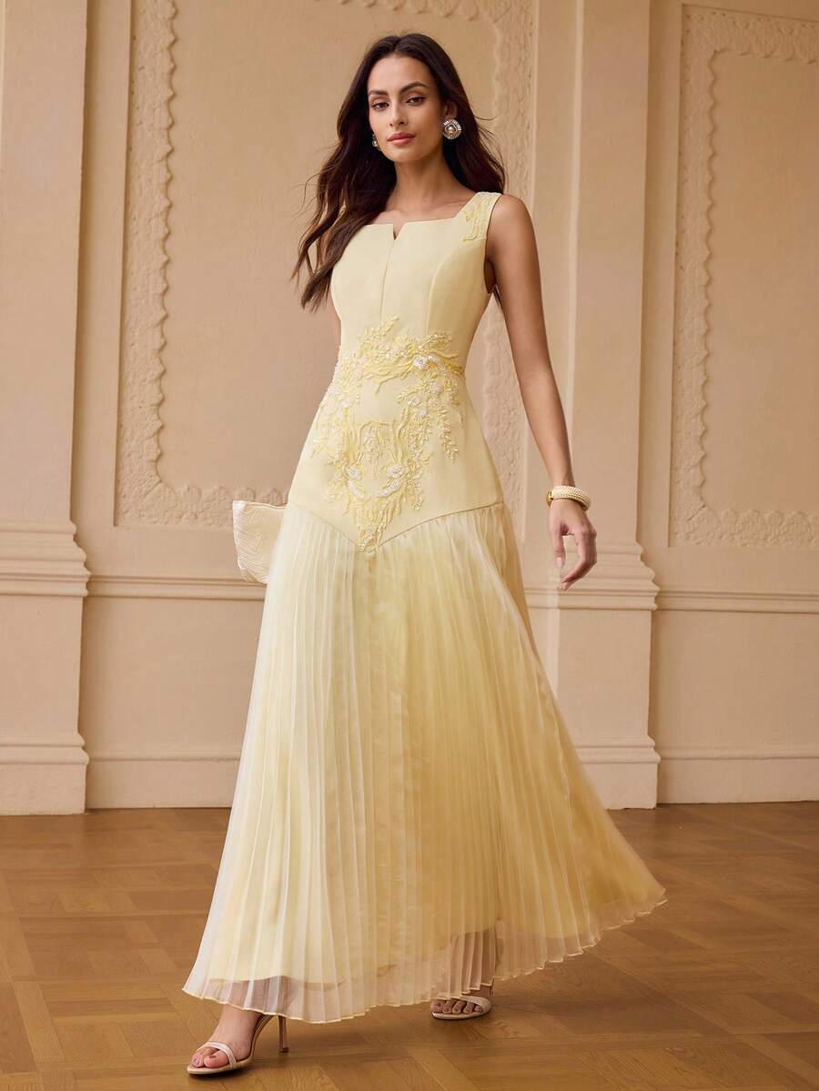 ZEYLAH WOMEN'S SLEEVELESS LONG DRESS WITH SEQUIN EMBROIDERY AND PLEATED HEM - Yellow - View 1