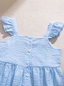 SHEIN Vintaside Kids 女童格子荷叶边方领短袖两件套，夏季 - 藍色 - 查看 9