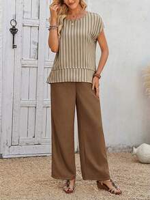 EMERY ROSE Women's Casual Vacation & Commute Striped Print Cap Sleeve Top And Wide Leg Pants Set, Spring/Summer - Khaki - View 5