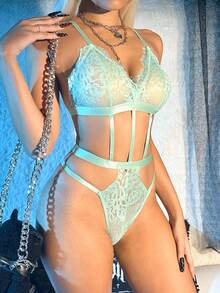 AltCore Conjunto de lencería de mono sexy y hueco de unicolor - verde menta - Ver 4