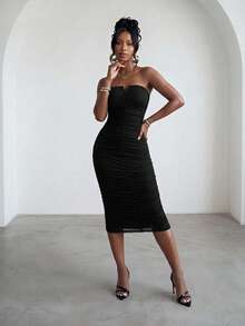 Slaydiva 新款春季连衣裙，适合春夏音乐节、情人节、复活节、婚礼季、节日季、休闲优雅风、通勤、日常穿着、工作装、度假、派对、邮轮旅行、基础款、日常约会、无肩带、V领、前后褶裥、网纱面料、黑色连衣裙、女士中长连衣裙 -Z - 黑色 - 查看 10