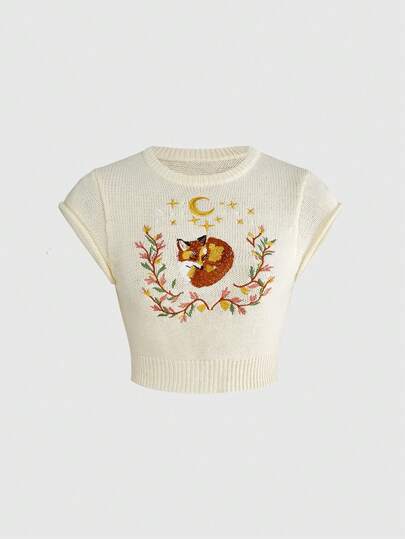 ROMWE Fairycore Soft & Cute Fox Embroidered Cropped Knit Sweater, Gentle Floral & Celestial Print Short Sleeve Midriff Revealing Top