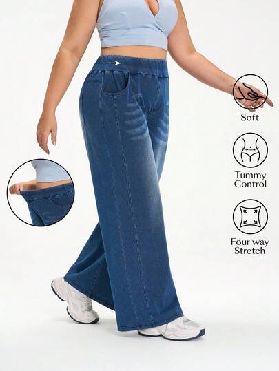 Flexra Quần jean dệt kim co giãn, phối màu trơn, cỡ lớn, kiểu dáng thường ngày.
