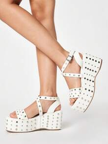 ROMWE Grunge Punk Giày sandal đế xuồng đính kim tuyến, khóa cài nhọn dành cho nữ. - trắng - Xem 4