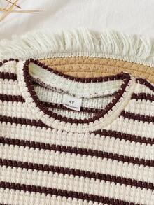 SHEIN Vintaside Kids 2件套女童条纹提花针织宽松背心短裤套装，适合休闲、度假、运动、夏季穿着 - 棕色 - 查看 6