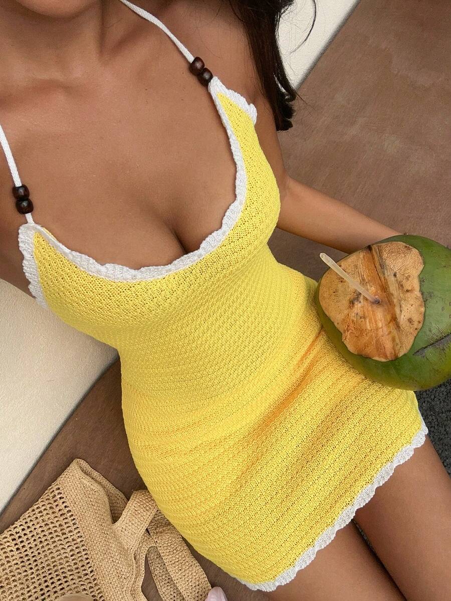 SHEIN SunnyBelle 女士春夏沙滩度假木珠吊带性感甜美短款针织连衣裙 - 黃色 - 查看 1