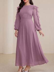 Modelyn Long Round Neck Ruffle Sleeve Black Dress - Purple - View 5