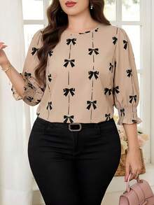 SHEIN Clasi Áo sơ mi tay cánh hoa in họa tiết nơ bướm, cỡ lớn, thích hợp mặc thường ngày và đi làm. - Nhiều màu - Xem 2