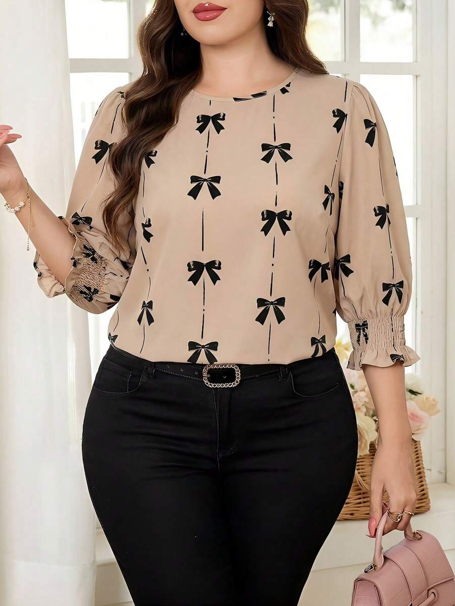SHEIN Clasi Áo sơ mi tay cánh hoa in họa tiết nơ bướm, cỡ lớn, thích hợp mặc thường ngày và đi làm.
