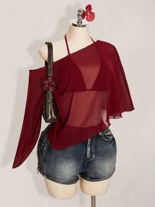 SHEIN ICON 加大码雪纺裹身三角杯系带吊带背心两件套女装 - 酒紅色 - 查看 7