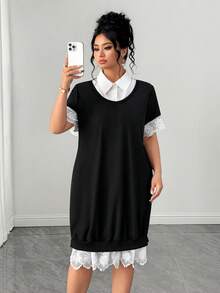 SHEIN Clasi 大码夏季休闲通勤撞色蕾丝连衣裙 - 黑色 - 查看 3