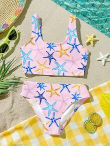 Tween Girl Casual Minimalist Starfish Print Tankini Swimsuit Set, Suitable For Summer - Multicolor - View 2