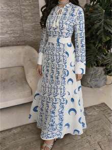 Al Najma Women's Elegant All-Over Print Twist Collar Waist Cinched Arabic Style Dress, Autumn - Multicolor - View 4