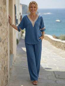 EMERY ROSE Conjunto de camisa de manga larga y pantalones de pierna ancha para mujer en otoño - Azul - Ver 4