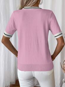 SHEIN LUNE Women's V-Neck Raglan Striped Loose Comfortable Knit Top, Summer Golf White Basic Sexy - Baby Pink - View 2
