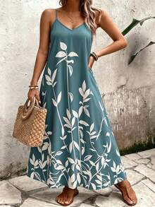 EMERY ROSE Plus Size Women's Deep V-Neck Spaghetti Strap Maxi Dress,Light Teal Botanical Print,Loose Fit,Boho,Summer,Beach,Holiday Vacation Daily Wear - Teal Blue - View 6
