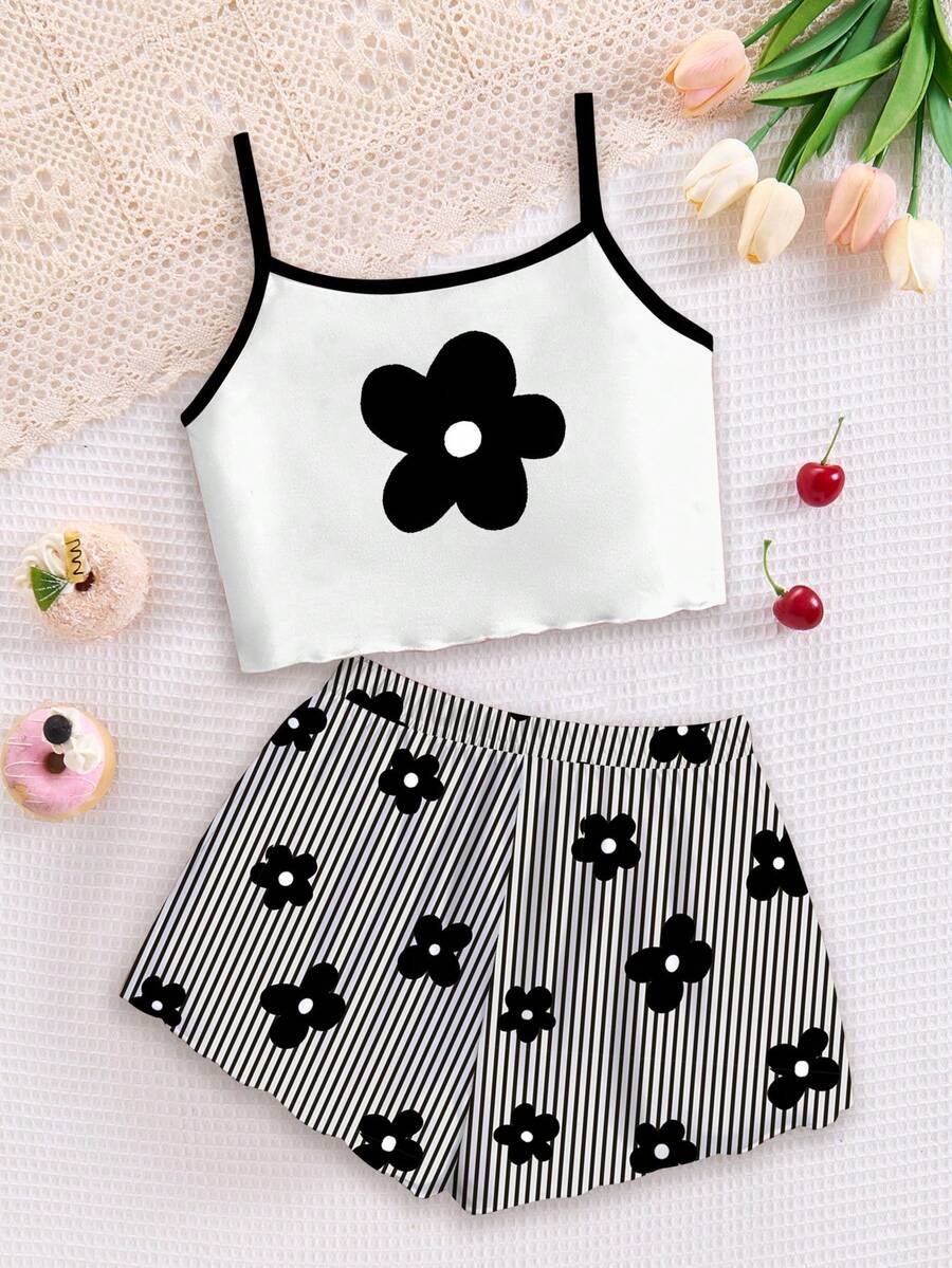 SHEIN Bộ đồ ngủ 2 món phong cách retro Y2K cho bé gái, gồm áo hai dây và quần short in họa tiết chấm bi và hoa, ấm áp cho mùa xuân và mùa hè. - Nhiều màu - Xem 1