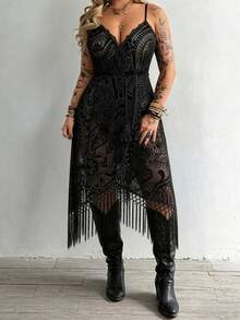 Whyspr Plus Size Women's Sexy Mesh Flocked Patchwork Tassel Design Sleeveless Drawstring Waist Dress - Black - View 1