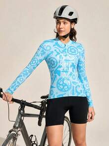 Exploreva Women's Blue Printed Zip-Up Long Sleeve Cycling Jersey - Blue - View 4