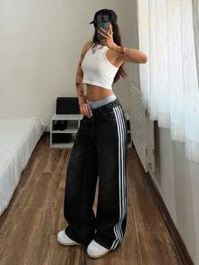 StreetHx Celana Jeans Denim Kasual Wanita dengan Warna Kontras - Hitam - View 5