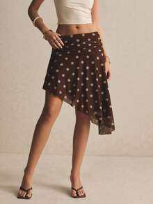 Chân váy chấm bi nữ, vạt lệch, kiểu dáng thường ngày, đa năng, thích hợp cho hẹn hò và đi chơi. - màu nâu - Xem 7