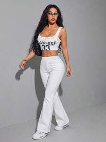 SHEIN PETITE 女款純色高腰緊身喇叭褲腳休閒牛仔褲，適合嬌小女性 - 米色 - 查看 6