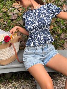 Serisse Áo sơ mi nữ tay ngắn in họa tiết cây nhiệt đới, kiểu dáng thường ngày. - Xanh và trắng - Xem 9