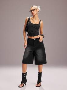 Y2Kool BiGraphic Short en jean délavé noir coton Y2K, coupe ample et décontractée, longueur mi-cuisse pour femmes. Convient pour les fêtes de printemps/été, les festivals et le port quotidien - Noir - Voir 4