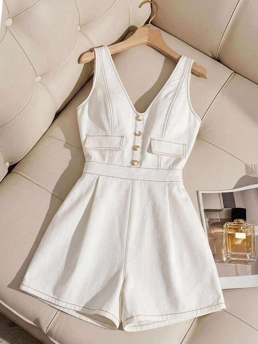 SHEIN MOD 夏季女士休闲牛仔连体裤 - 深色水洗藍 - 查看 1