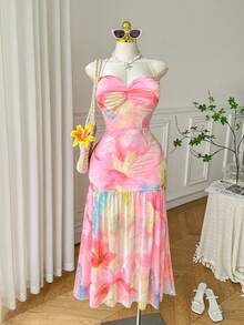 Comfortcana 大码浪漫花卉扎染网纱露背度假休闲长裙，春夏款 - 彩色 - 查看 9