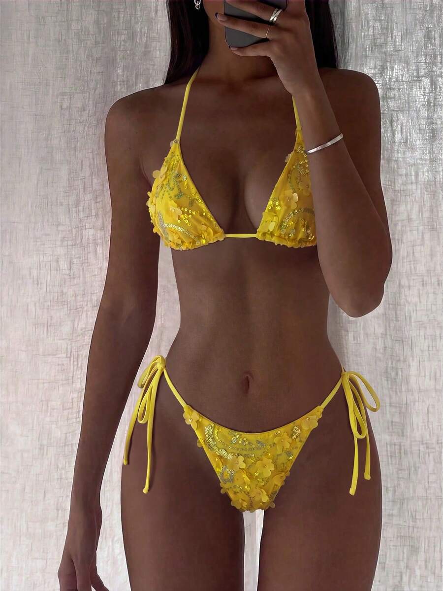 Costavie Swim MOD 2-Piece Floral Sequin Textured Halter Bikini Set, Blue, For Spring/Summer Beach Vacation - Yellow - View 1