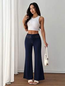 SHEIN PETITE Quần nữ màu trắng dệt kim, cạp chun có dây rút đính hạt, dáng suông, thoải mái, thích hợp cho kỳ nghỉ. - Màu xanh hải quân - Xem 6