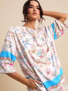 LOTSLUV 女士粉色巴洛克印花圆领宽松休闲短袖T恤，春夏款 - 粉色 - 查看 7