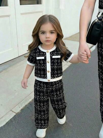 LMoss Kids 女婴撞色T恤裤套装，时尚休闲女婴亲子装，女婴两件套黑白套装，女婴休闲两件套