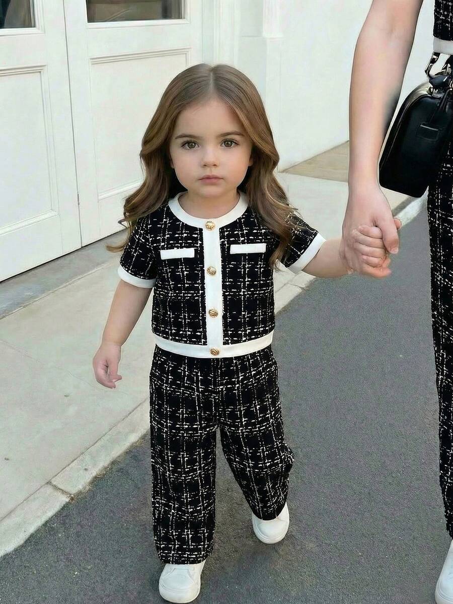 LMoss Kids 女嬰對比色T恤與長褲套裝,時尚休閒女孩套裝兩件式黑白穿搭 2件組 - 彩色 - 查看 1